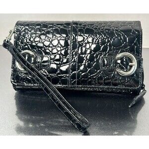 Women's Tri-Fold Wallet Bill Fold Buckle Faux Crocodile Leather Black Glossy